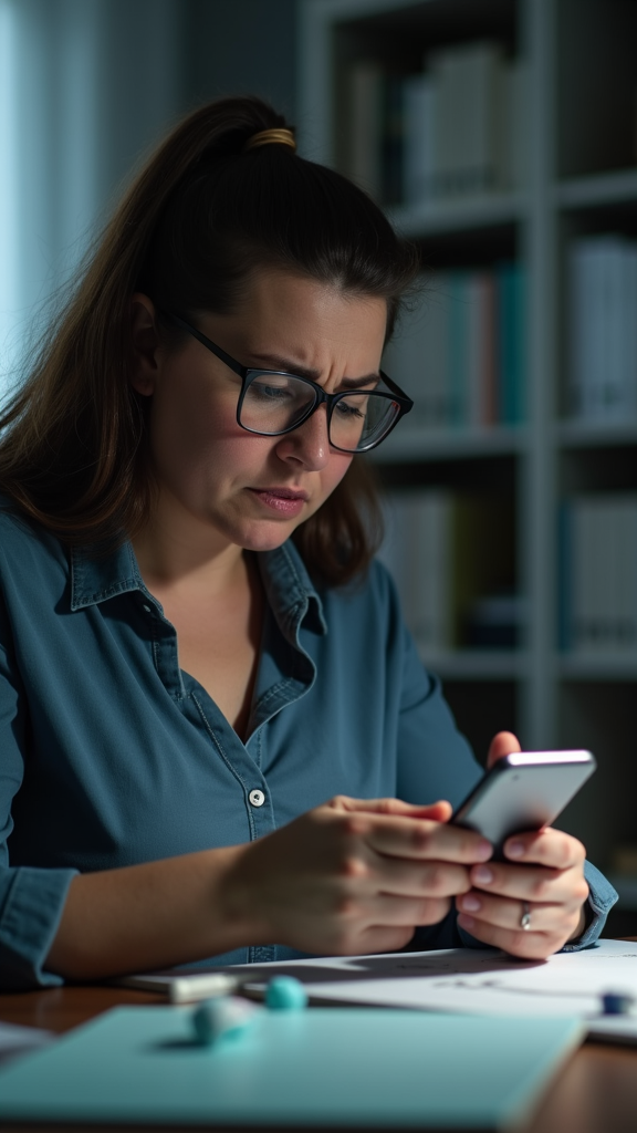 The fertility mentor worried woman looking at phone.